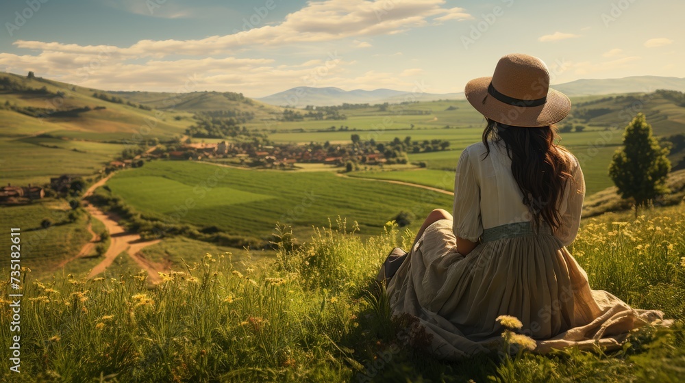 Woman in a White Dress and Hat Sitting on a Hill