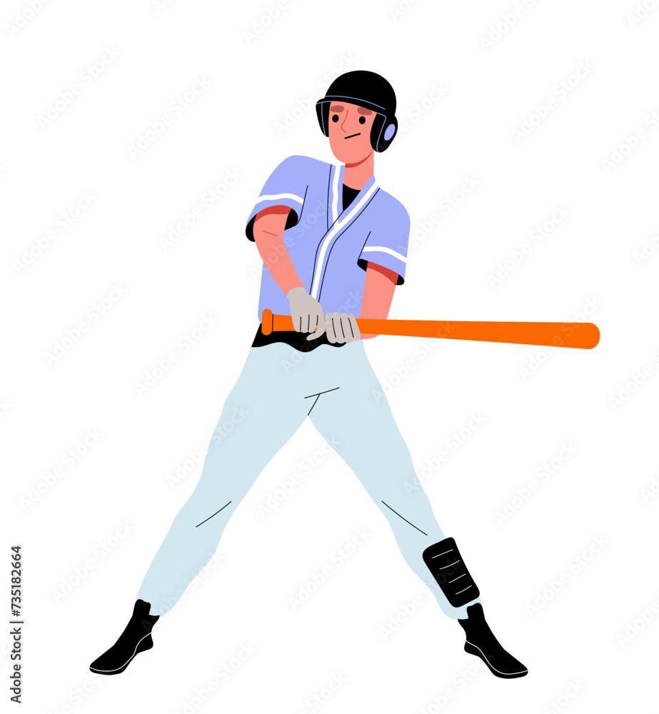 Sport activity concept. Man with bat play in baseball. Active lifestyle and leisure, sports. Competitions and tournament. Cartoon flat vector illustration isolated on white background Sport activity concept. Man with bat play in baseball. Active lifestyle and leisure, sports. Competitions and tournament. Cartoon flat vector illustration isolated on white background
