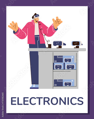Poster or vertical banner with happy young man tries on virtual reality glasses