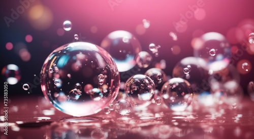 Transparent soap bubbles floating on pink background