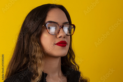 Wallpaper Mural Sexy woman with long curly hair wearing glasses and wearing a black textured outfit Torontodigital.ca