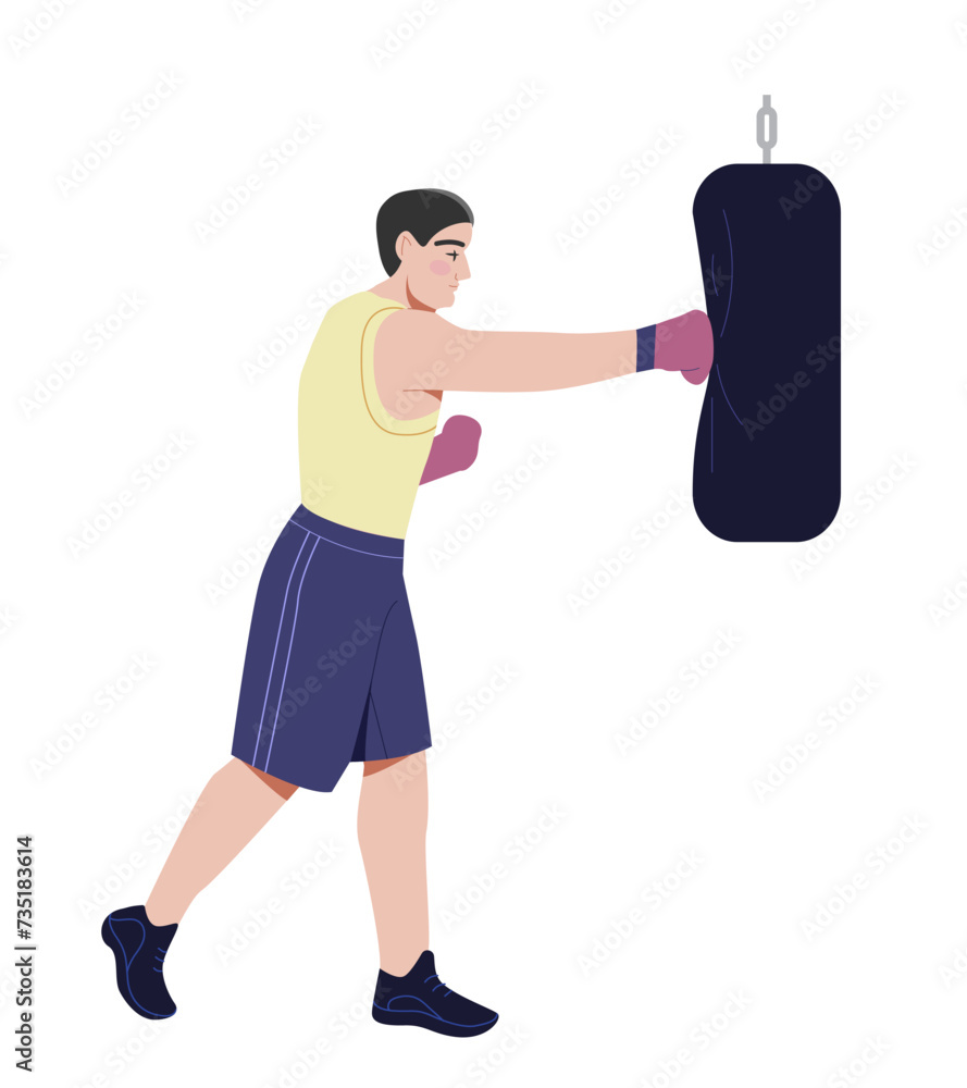 Sports activity person concept. Man punch bag. Active lifestyle and leisure. Young guy boxer. Graphic element for website. Cartoon flat vector illustration isolated on white background Sports activity person concept. Man punch bag. Active lifestyle and leisure. Young guy boxer. Graphic element for website. Cartoon flat vector illustration isolated on white background