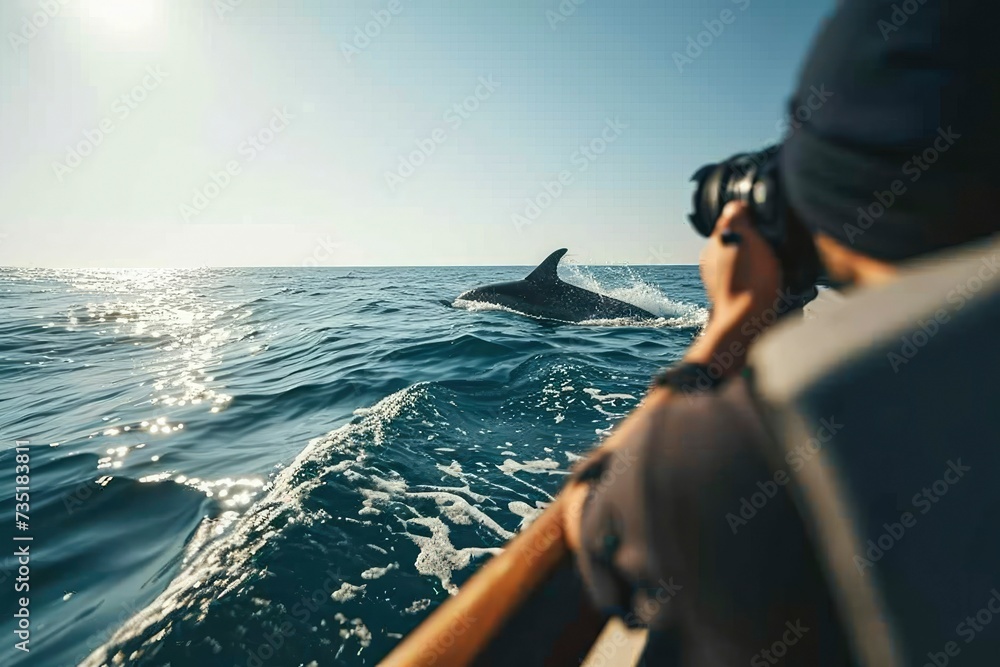 Rear view of a photographer shooting dolphins from a boat. See dolphins from the boat - obrazy, fototapety, plakaty 