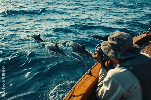 Rear view of a photographer shooting dolphins from a boat. See dolphins from the boat