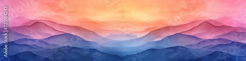 Surreal mountain landscape in watercolor, featuring layered peaks in shades of blue transitioning to a warm pink sky, ideal for background or decor photo