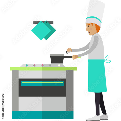 Chef preparing food salting boiling water on stove vector icon isolated on white