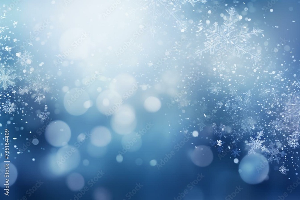 Blurred winter snowflakes background with copy space. Generative AI