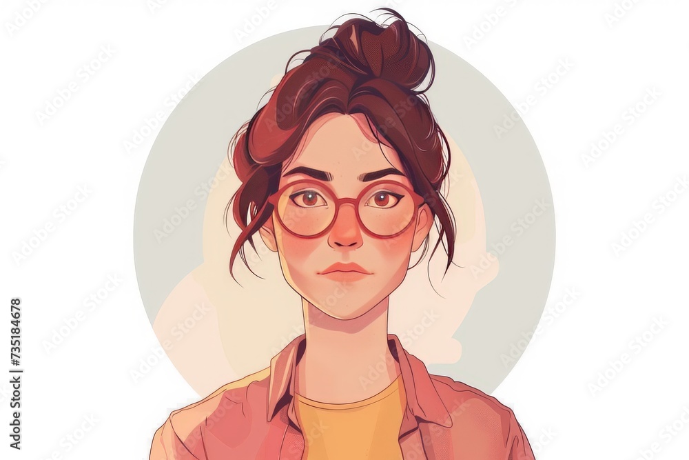portrait of a a hipster businesswoman in a circle, game character, 2d, white background  