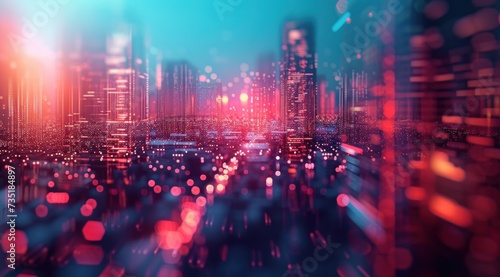 Calcul informatique, technologie et intelligence artificielle, dans le style des paysages urbains, rouge clair et indigo, conception de page innovante.