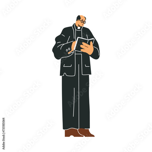 Priest in black clothes with book in hands hold farewell ceremony for deceased. Churchman reading prayer.