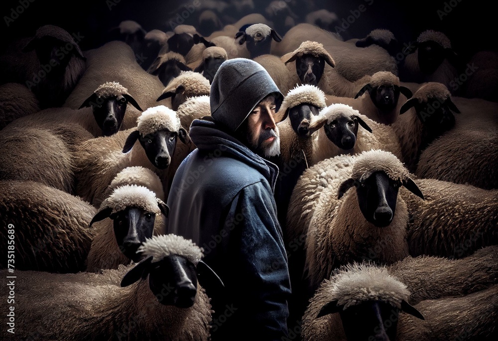 Shepherd and flock of sheep. Generative AI - obrazy, fototapety, plakaty 