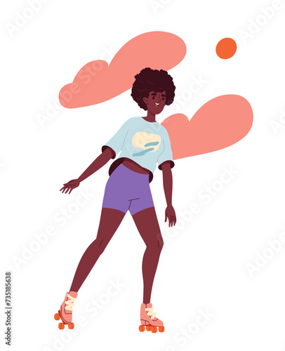 Summer activity concept. Active lifestyle and leisure outdoor. Woman at roller skates. Graphic element for website. Cartoon flat vector illustration isolated on white background