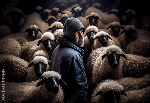Shepherd and flock of sheep. Generative AI