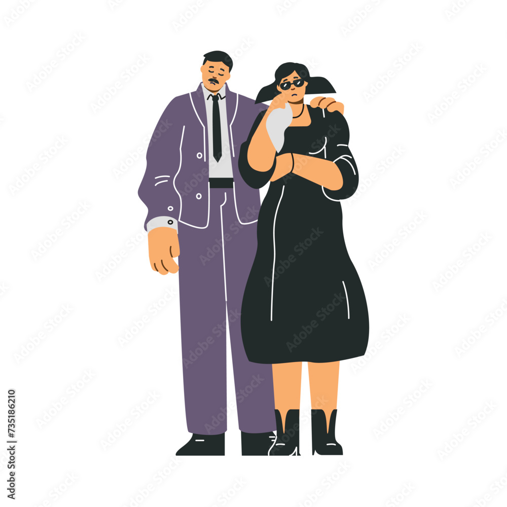 Sad man supports crying woman in black dress, mourning flat style Sad man supports crying woman in black dress, mourning flat style