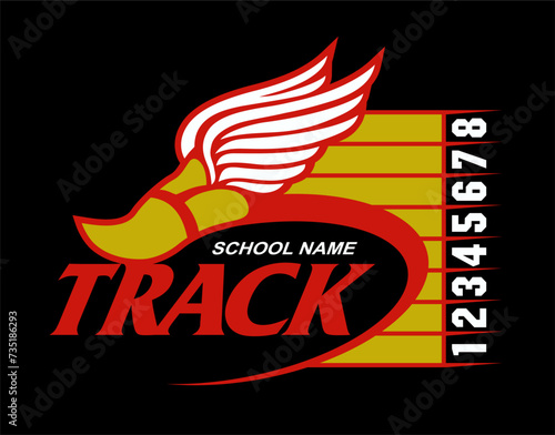 track and field team design with winged foot for school, college or league sports