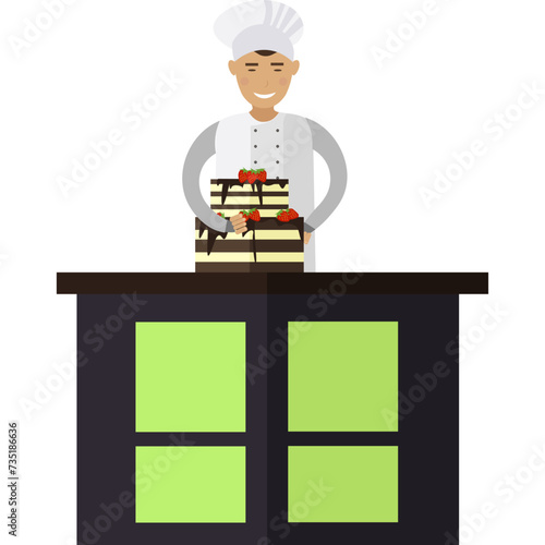 Confectioner decorating cake vector icon isolated on white