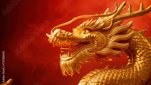Majestic golden dragon sculpture with intricate details against a vibrant red backdrop.