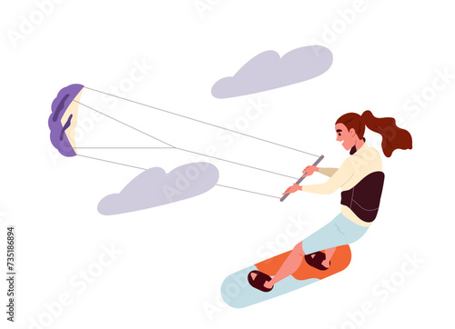 Summer activity concept. Active lifestyle and leisure outdoor. Woman at surfboard with paraglider. Poster or banner. Cartoon flat vector illustration isolated on white background