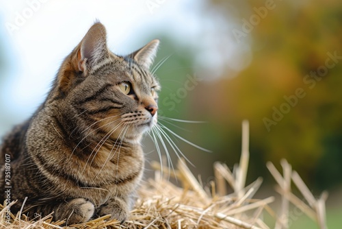 Barn cat sitting on a haystack