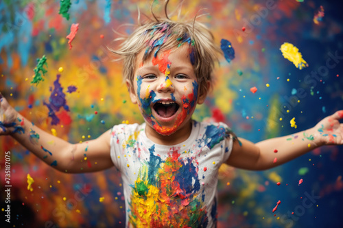 Happy child playing with colored paint. Nurturing creativity and artistic expression in joyful learning, embracing messy play and vibrant exploration