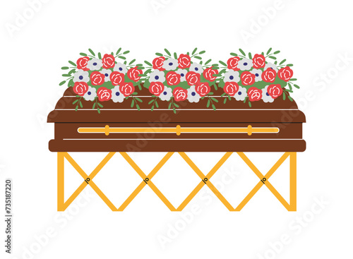 Closed coffin on the stand with flowers wreaths, vector funeral mourning tradition, ritual burial ceremony of dead human