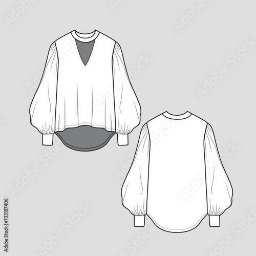 Cut Out neck Lantern Sleeve top high low hem balloon sleeve t shirt blouse dip hem fashion blouse drawing design template flat sketch