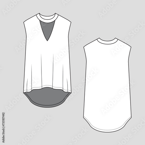 Cut Out neck high low hem top sleeveless t shirt blouse vest dip hem fashion blouse drawing design template flat sketch