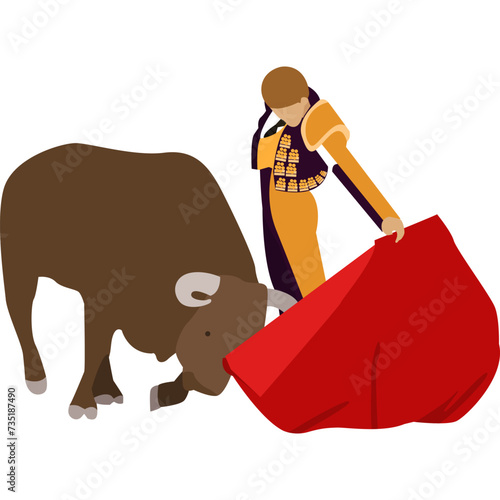 Bullfighter with red cloth and bull vector icon isolated on white