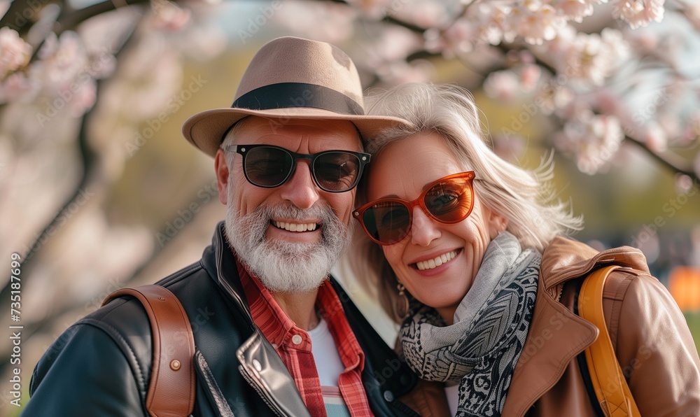 Happy senior retiree caucasian couple elderly man and woman on sunny spring day outdoors smiling at camera Happy senior retiree caucasian couple elderly man and woman on sunny spring day outdoors smiling at camera