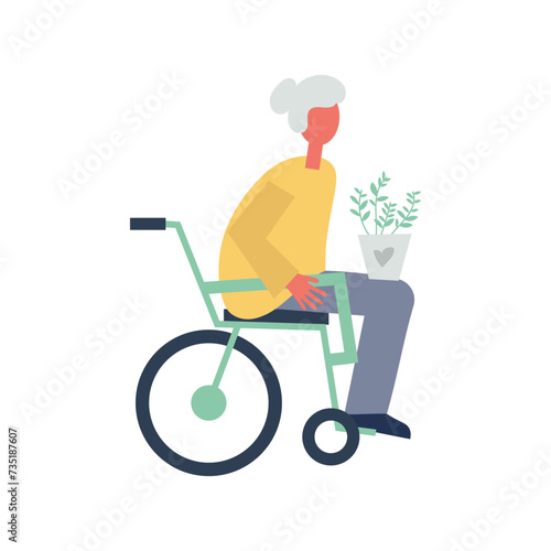 Diversity and Inclusion: physically disabled elderly woman in electric wheelchair with a flower in her hands. Vector illustration