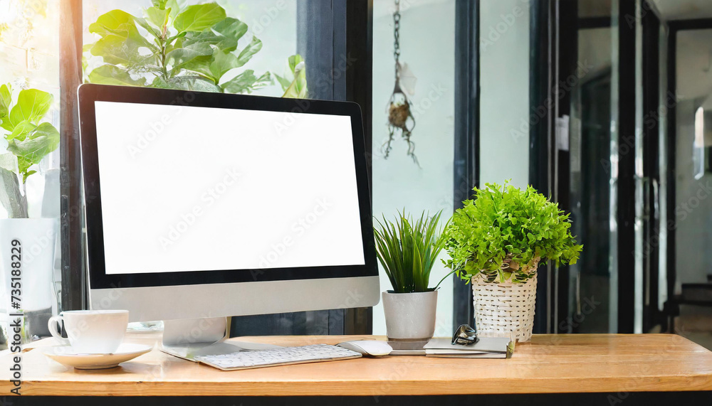 Laptop pc mock up template design on office workplace desk, white mockup empty blank computer screen on office work table business web technology at modern workspace, closeup Laptop pc mock up template design on office workplace desk, white mockup empty blank computer screen on office work table business web technology at modern workspace, closeup