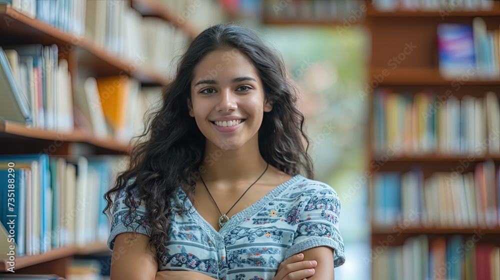 Portrait of female student in university library ready for learning. Education concept. Immersed in knowledge, she embraces the university library. Portrait of female student in university library ready for learning. Education concept. Immersed in knowledge, she embraces the university library.
