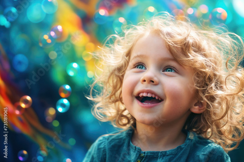 Happy child playing with colored soap bubbles. Joyful moments of carefree fun and entertainment, embracing playful exploration and boundless excitement