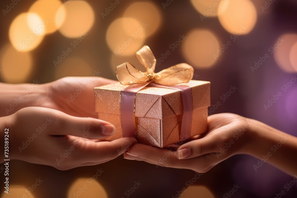 Closeup of hands exchanging a beautifully wrapped gift with a golden ribbon, evoking the warmth and excitement of celebratory occasions Closeup of hands exchanging a beautifully wrapped gift with a golden ribbon, evoking the warmth and excitement of celebratory occasions