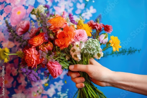 outstretched hand offers a stunning bouquet of mixed flowers, a vivid display of generosity and natural beauty against a striking blue background © gankevstock