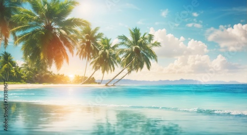 Seascape with palm tree, tropical beach background