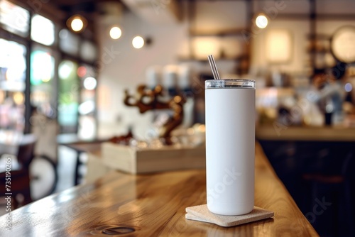 Close up of a white color 20oz Straight Skinny Tumbler includes a lid on Coasters, with a blurred or bokeh background of a modern cafe. photo
