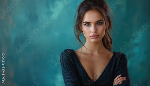 Portrait of a beautiful young brunette woman in a black sweater. Banner with copy space for text