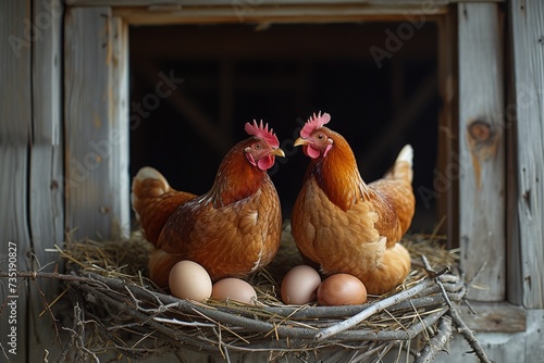 Chickens sit on a roost in a chicken coop