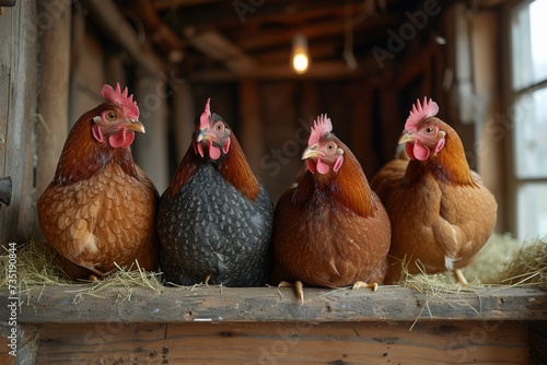 Chickens sit on a roost in a chicken coop