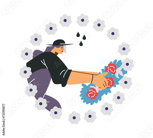 Woman puts a funeral wreath of flowers, mourns the dead, person in sadness weeping, vector funerary ceremonial sorrow