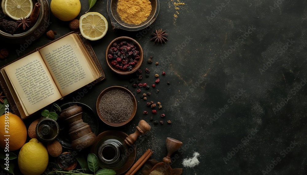 Various spices and herbs on dark background. Top view with copy space Various spices and herbs on dark background. Top view with copy space