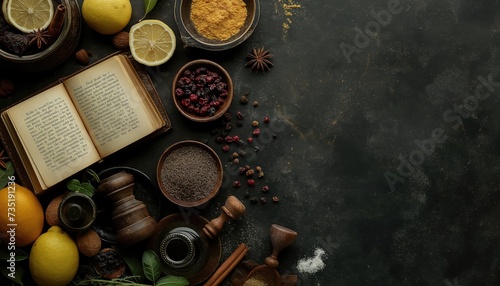 Various spices and herbs on dark background. Top view with copy space