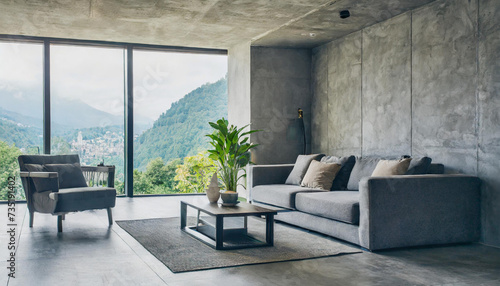  concrete wall. Scandinavian loft home interior design of modern living room in minimalist studio apartment. © netsay