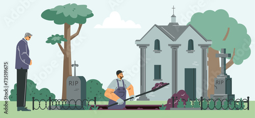 A worker digs with shovel hole for grave on cemetery, burial service agency, funeral ceremony vector gravestone burial