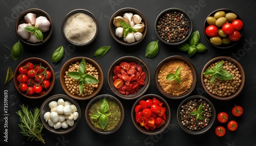 Top view of various spices and herbs in bowls on black background.