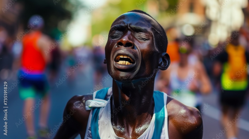 Determined Runner Triumphantly Crosses Marathon Finish Line AI Generated.