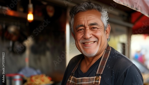 Smiling asian old man wearing apron and looking at camera photo