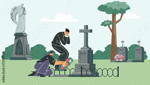 People visiting cemetery and laying flowers wreath on grave vector banner