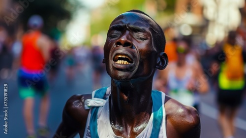 Determined Runner Triumphantly Crosses Marathon Finish Line AI Generated. © ArquitecAi